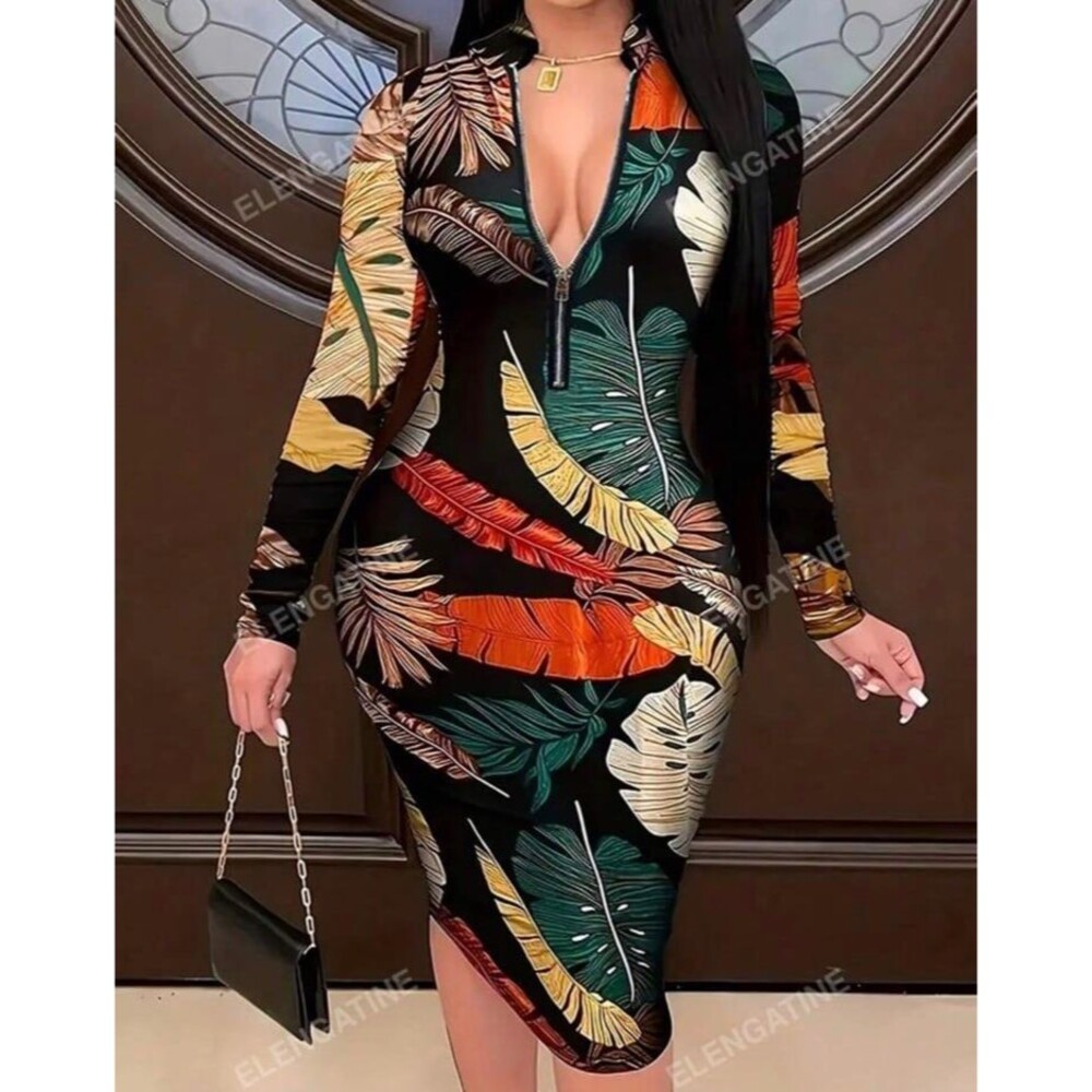 Plus Size Vacation Casual Slim Fit Long Sleeve Dress Multi Plant Print 4x